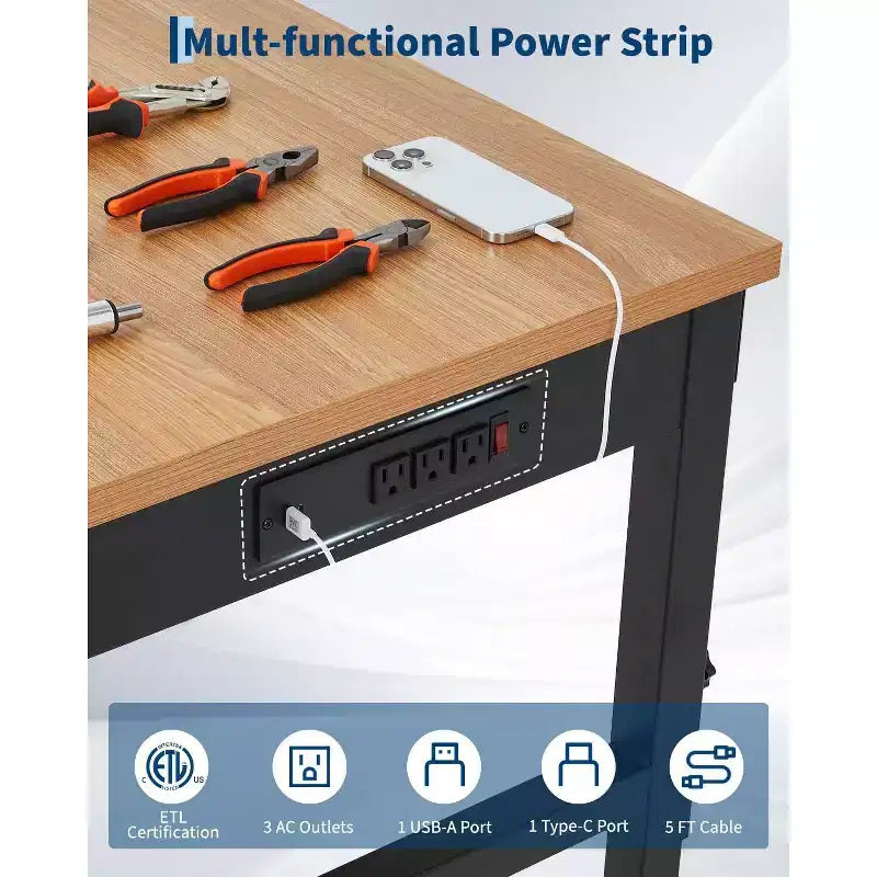 Banco de trabajo ajustable de 48-72", resistente con tomacorrientes, cubierta de madera de 2500 lb