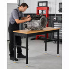 Banco de trabajo ajustable de 48-72", resistente con tomacorrientes, cubierta de madera de 2500 lb