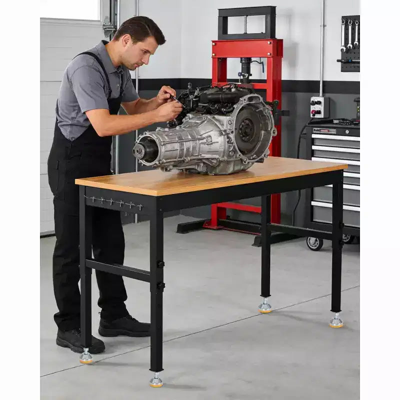 Banco de trabajo ajustable de 48-72", resistente con tomacorrientes, cubierta de madera de 2500 lb