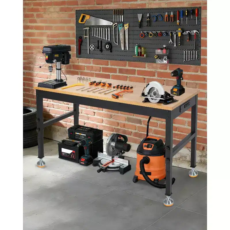 Banco de trabajo ajustable de 48-72", resistente con tomacorrientes, cubierta de madera de 2500 lb