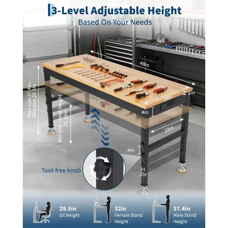 Banco de trabajo ajustable de 48-72", resistente con tomacorrientes, cubierta de madera de 2500 lb