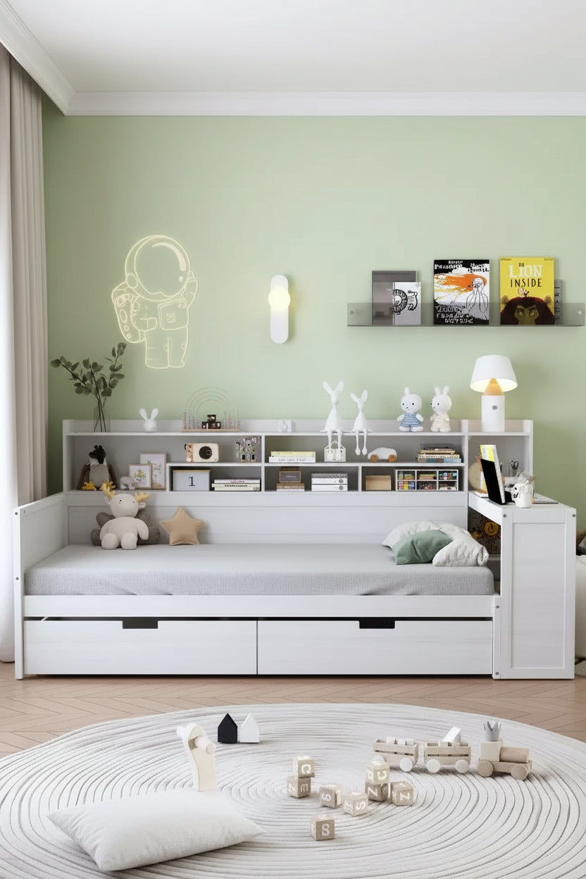 MAYEERTY Twin Size Bed with Storage Shelves Multifunctional Bed with Drawers and Study Desk Antique White