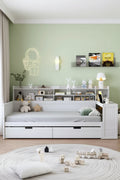 MAYEERTY Twin Size Bed with Storage Shelves Multifunctional Bed with Drawers and Study Desk Antique White