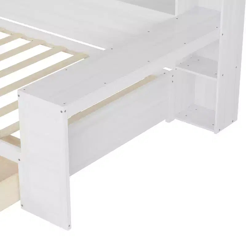 Cama individual multifuncional con estantes de almacenamiento, cajones y escritorio de estudio, blanco antiguo