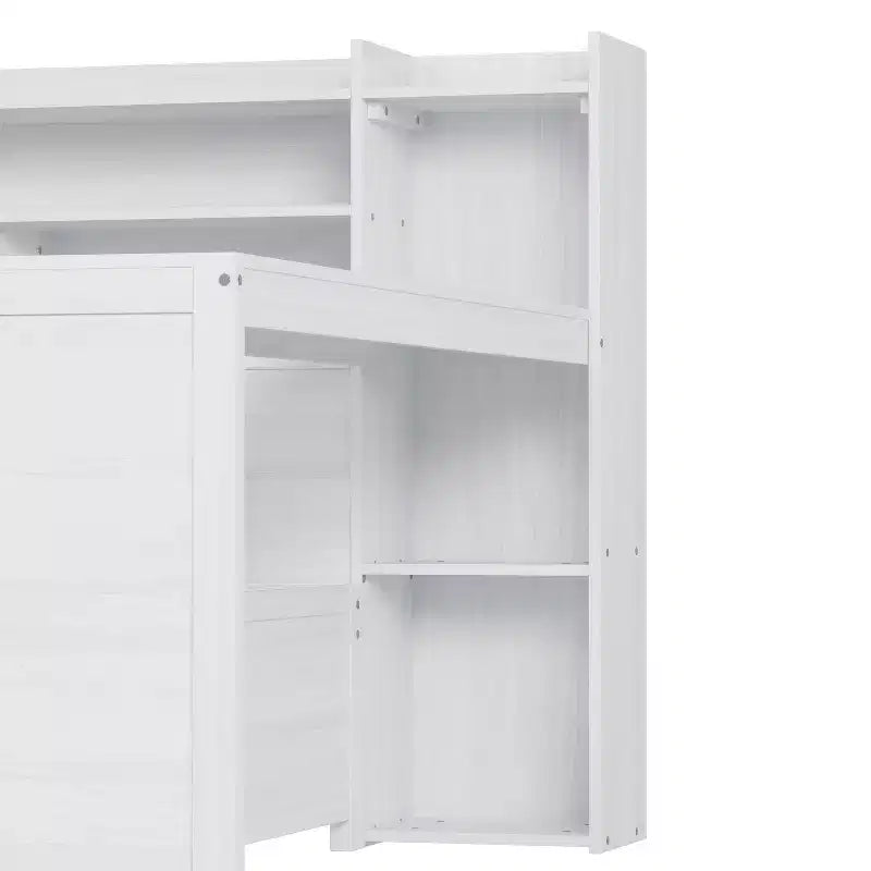 Cama individual multifuncional con estantes de almacenamiento, cajones y escritorio de estudio, blanco antiguo