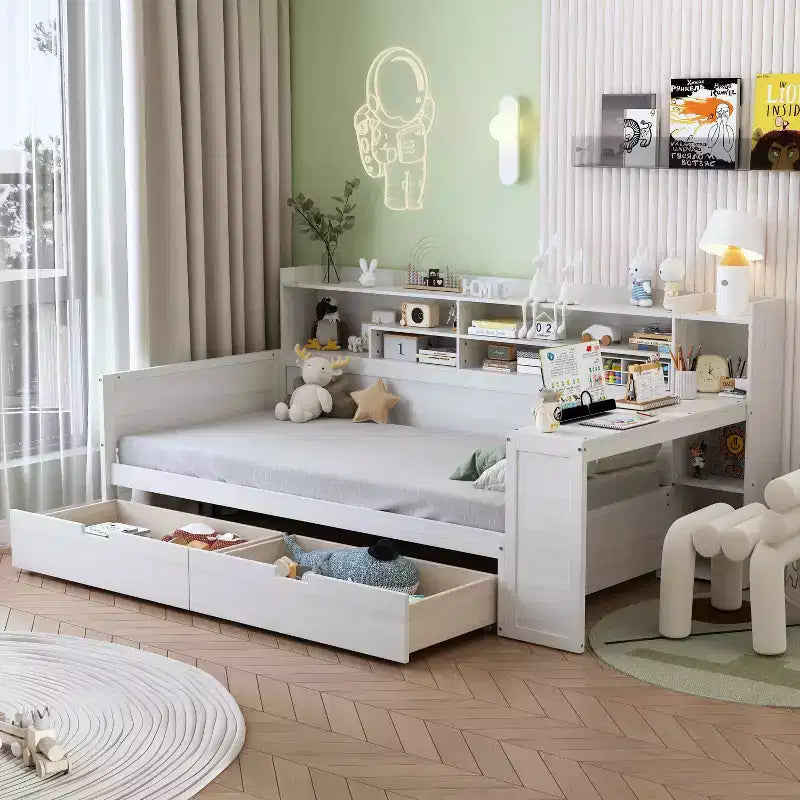 Cama individual multifuncional con estantes de almacenamiento, cajones y escritorio de estudio, blanco antiguo
