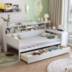 Cama individual multifuncional con estantes de almacenamiento, cajones y escritorio de estudio, blanco antiguo