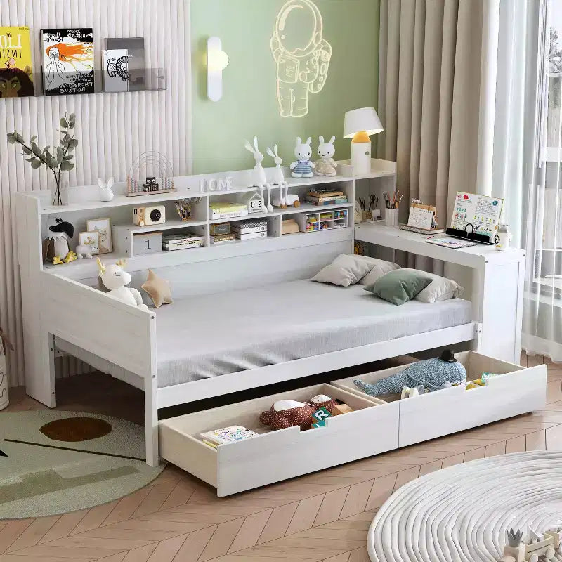 Cama individual multifuncional con estantes de almacenamiento, cajones y escritorio de estudio, blanco antiguo