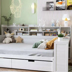 Cama individual multifuncional con estantes de almacenamiento, cajones y escritorio de estudio, blanco antiguo