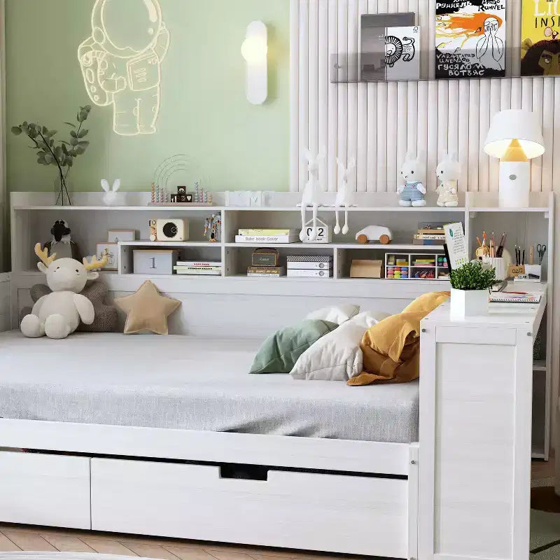 Cama individual multifuncional con estantes de almacenamiento, cajones y escritorio de estudio, blanco antiguo