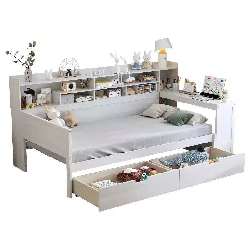 Cama individual multifuncional con estantes de almacenamiento, cajones y escritorio de estudio, blanco antiguo