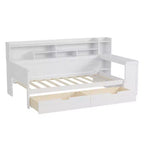 Cama individual multifuncional con estantes de almacenamiento, cajones y escritorio de estudio, blanco antiguo