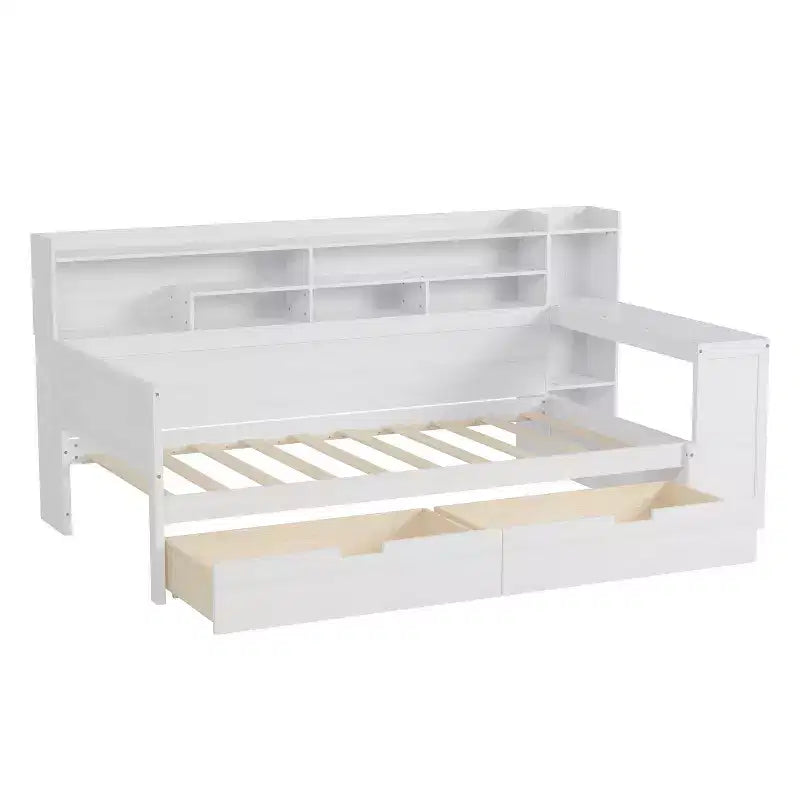 Cama individual multifuncional con estantes de almacenamiento, cajones y escritorio de estudio, blanco antiguo