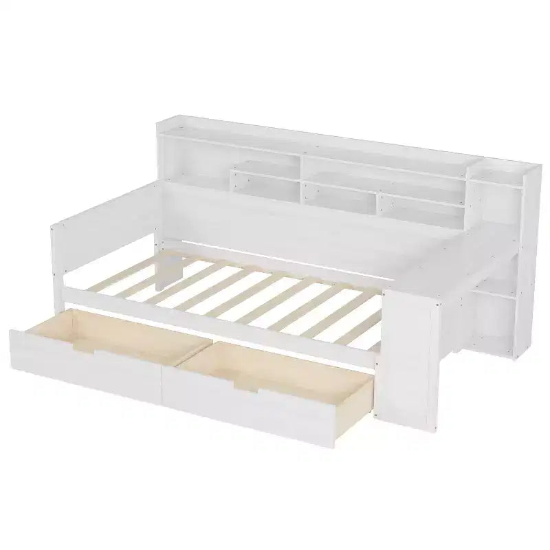 Cama individual multifuncional con estantes de almacenamiento, cajones y escritorio de estudio, blanco antiguo
