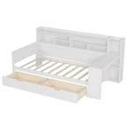 Cama individual multifuncional con estantes de almacenamiento, cajones y escritorio de estudio, blanco antiguo