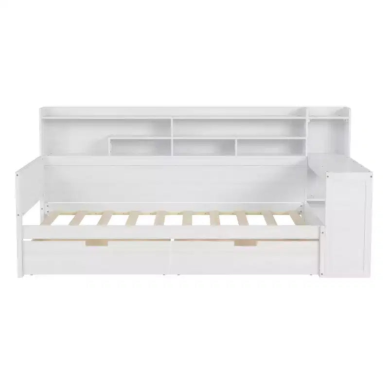 Cama individual multifuncional con estantes de almacenamiento, cajones y escritorio de estudio, blanco antiguo