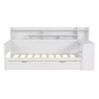 Cama individual multifuncional con estantes de almacenamiento, cajones y escritorio de estudio, blanco antiguo