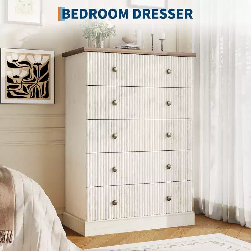 Cómoda horizontal acanalada, cómoda de madera con tiradores metálicos, moderna