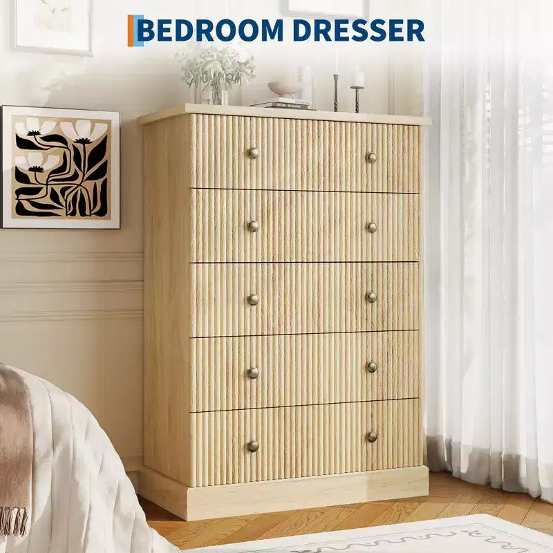 Cómoda horizontal acanalada, cómoda de madera con tiradores metálicos, moderna