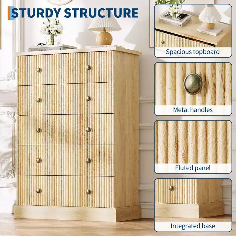 Cómoda horizontal acanalada, cómoda de madera con tiradores metálicos, moderna