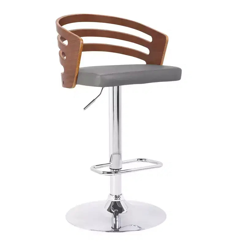 Taburete de Bar Giratorio de Altura Ajustable, Piel Sintética Negra y Madera de Nogal, Base Cromada