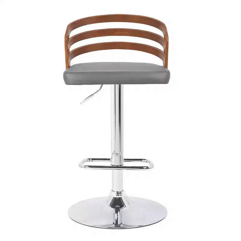 Taburete de Bar Giratorio de Altura Ajustable, Piel Sintética Negra y Madera de Nogal, Base Cromada