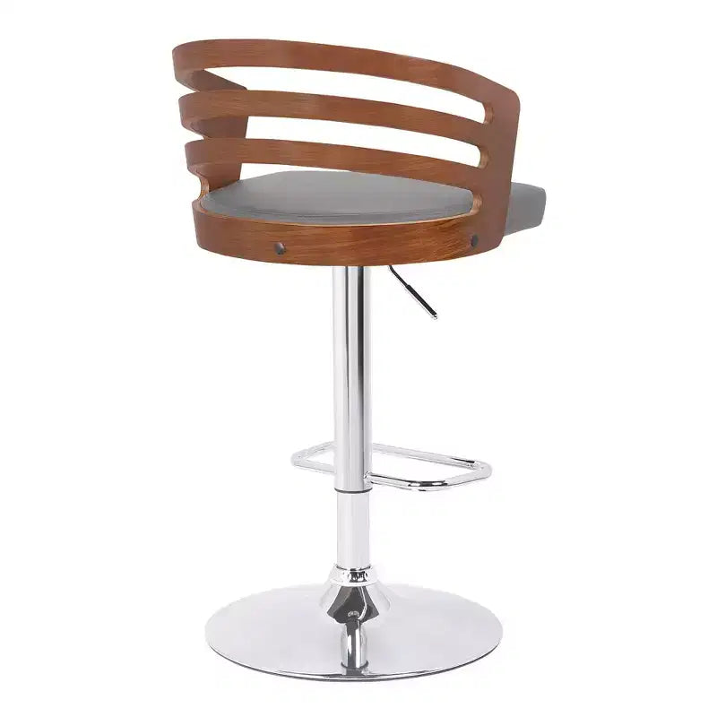 Taburete de Bar Giratorio de Altura Ajustable, Piel Sintética Negra y Madera de Nogal, Base Cromada