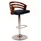 Taburete de Bar Giratorio de Altura Ajustable, Piel Sintética Negra y Madera de Nogal, Base Cromada