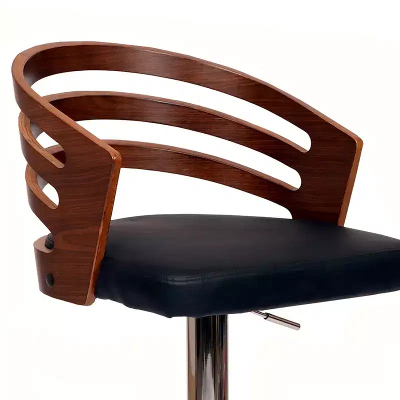 Taburete de Bar Giratorio de Altura Ajustable, Piel Sintética Negra y Madera de Nogal, Base Cromada