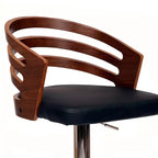Taburete de Bar Giratorio de Altura Ajustable, Piel Sintética Negra y Madera de Nogal, Base Cromada