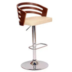 Taburete de Bar Giratorio de Altura Ajustable, Piel Sintética Negra y Madera de Nogal, Base Cromada