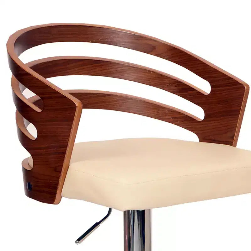Taburete de Bar Giratorio de Altura Ajustable, Piel Sintética Negra y Madera de Nogal, Base Cromada