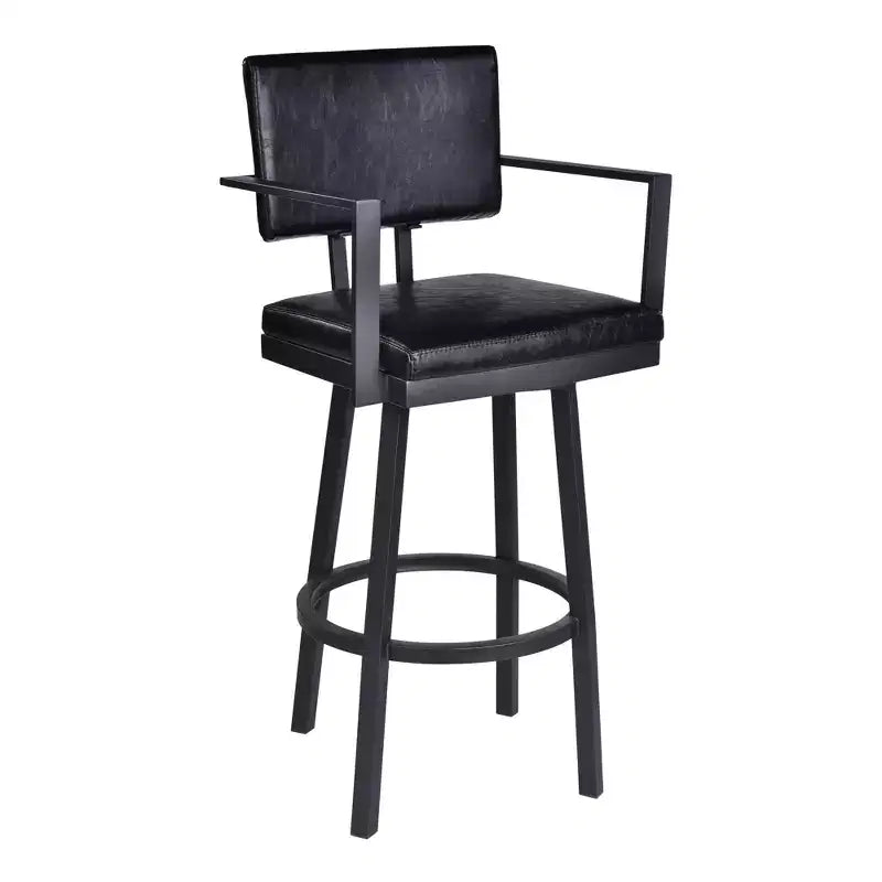 Taburete de bar giratorio con brazos a la altura de la encimera, piel sintética negra vintage