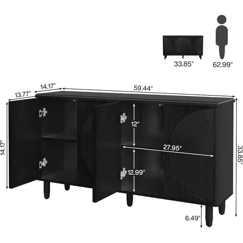 Aparador tipo bufé moderno con 4 puertas y estantes de almacenamiento, 149,86 cm, negro