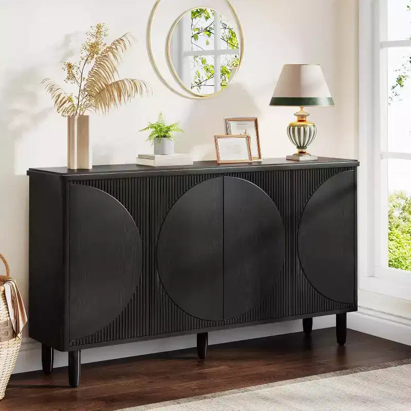 Aparador tipo bufé moderno con 4 puertas y estantes de almacenamiento, 149,86 cm, negro