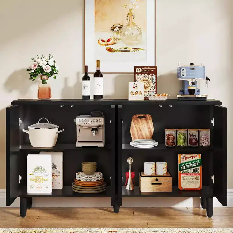 Aparador tipo bufé moderno con 4 puertas y estantes de almacenamiento, 149,86 cm, negro