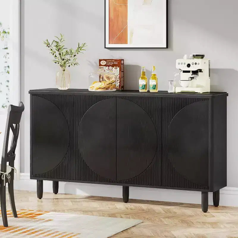 Aparador tipo bufé moderno con 4 puertas y estantes de almacenamiento, 149,86 cm, negro