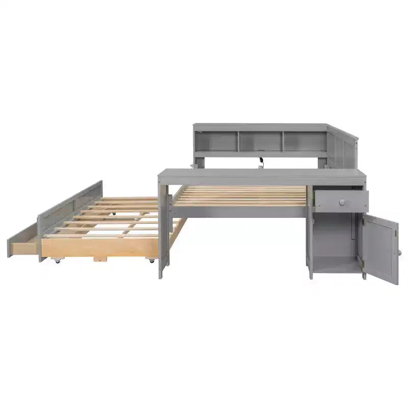 Sofá cama individual XL con nido, escritorio, estantes de almacenamiento y luces LED
