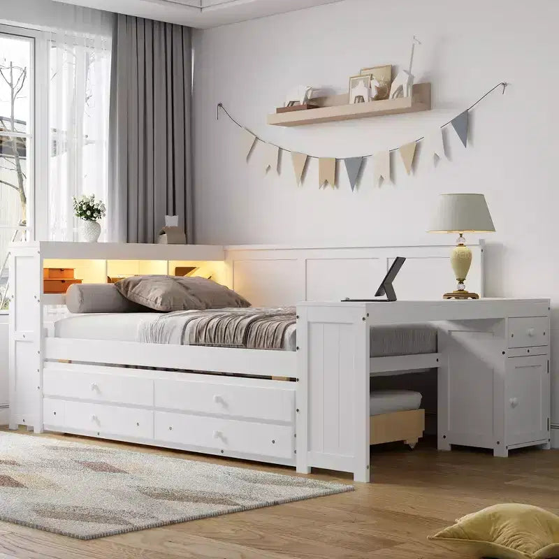 Sofá cama individual XL con nido, escritorio, estantes de almacenamiento y luces LED