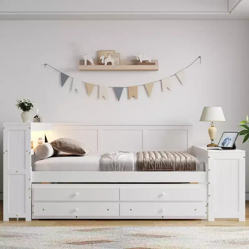 Sofá cama individual XL con nido, escritorio, estantes de almacenamiento y luces LED