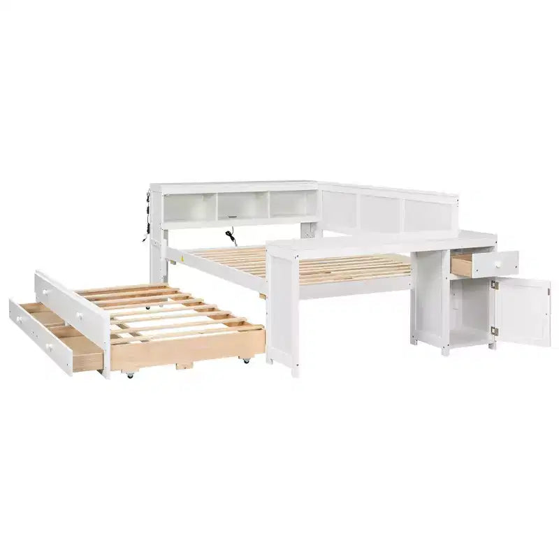 Sofá cama individual XL con nido, escritorio, estantes de almacenamiento y luces LED