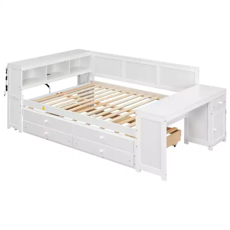 Sofá cama individual XL con nido, escritorio, estantes de almacenamiento y luces LED