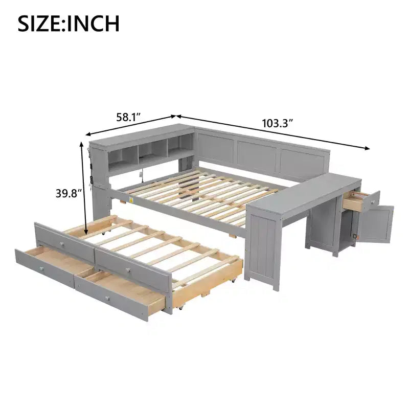Sofá cama individual XL con nido, escritorio, estantes de almacenamiento y luces LED