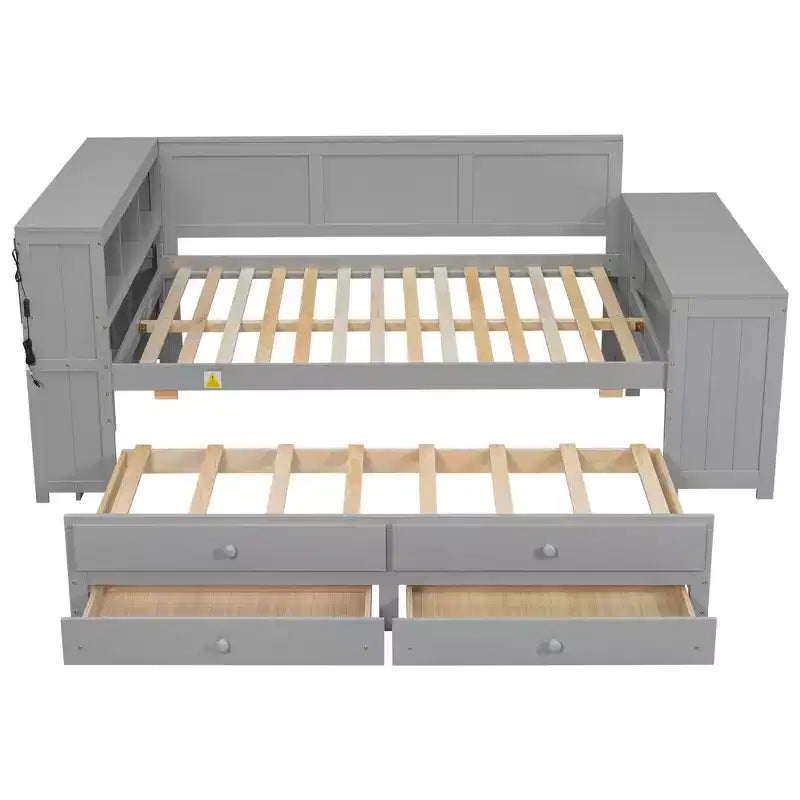 Sofá cama individual XL con nido, escritorio, estantes de almacenamiento y luces LED