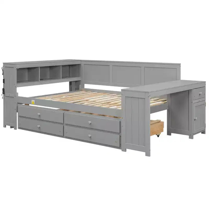 Sofá cama individual XL con nido, escritorio, estantes de almacenamiento y luces LED