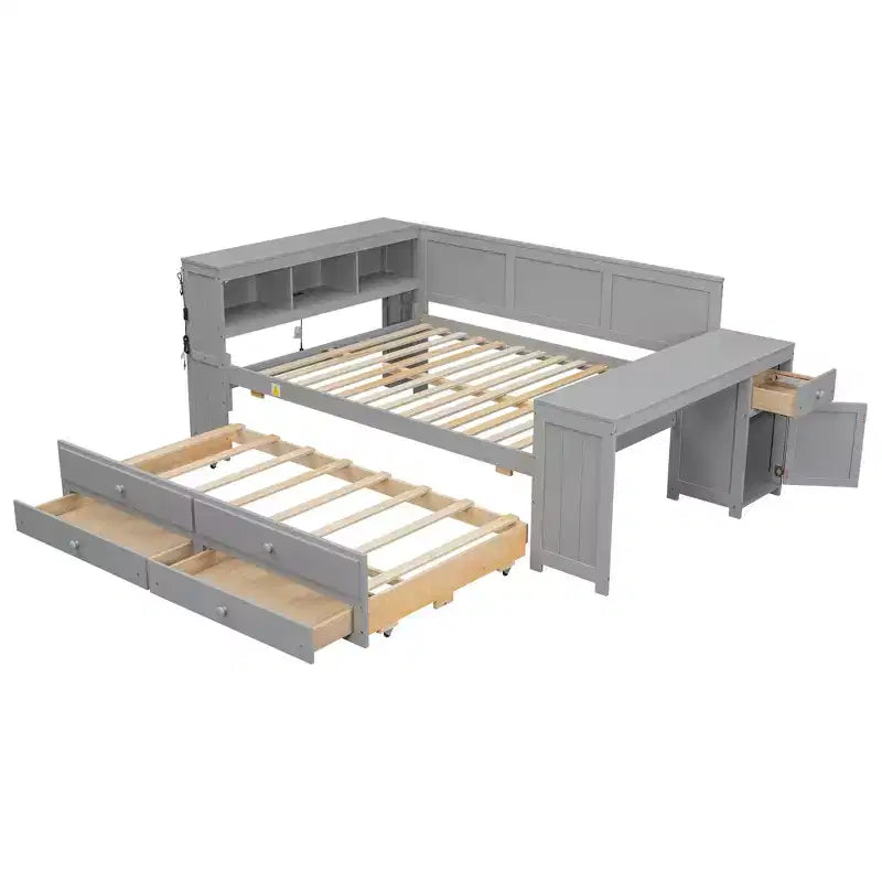 Sofá cama individual XL con nido, escritorio, estantes de almacenamiento y luces LED