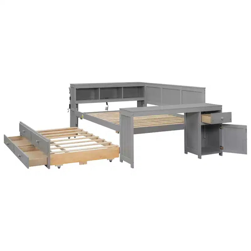Sofá cama individual XL con nido, escritorio, estantes de almacenamiento y luces LED