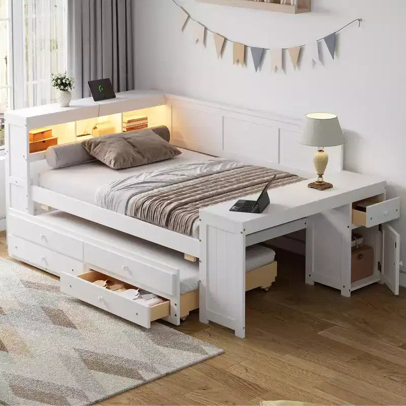 Sofá cama individual XL con nido, escritorio, estantes de almacenamiento y luces LED