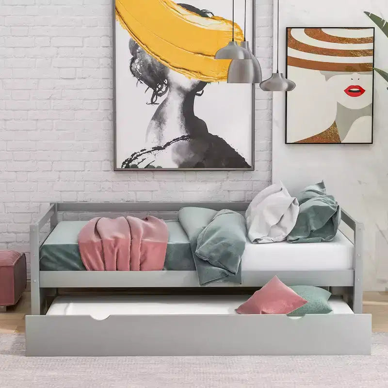 Sofá cama doble de madera maciza con nido extraíble, cama capitana, gris
