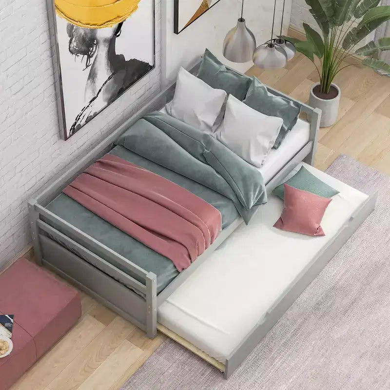 Sofá cama doble de madera maciza con nido extraíble, cama capitana, gris